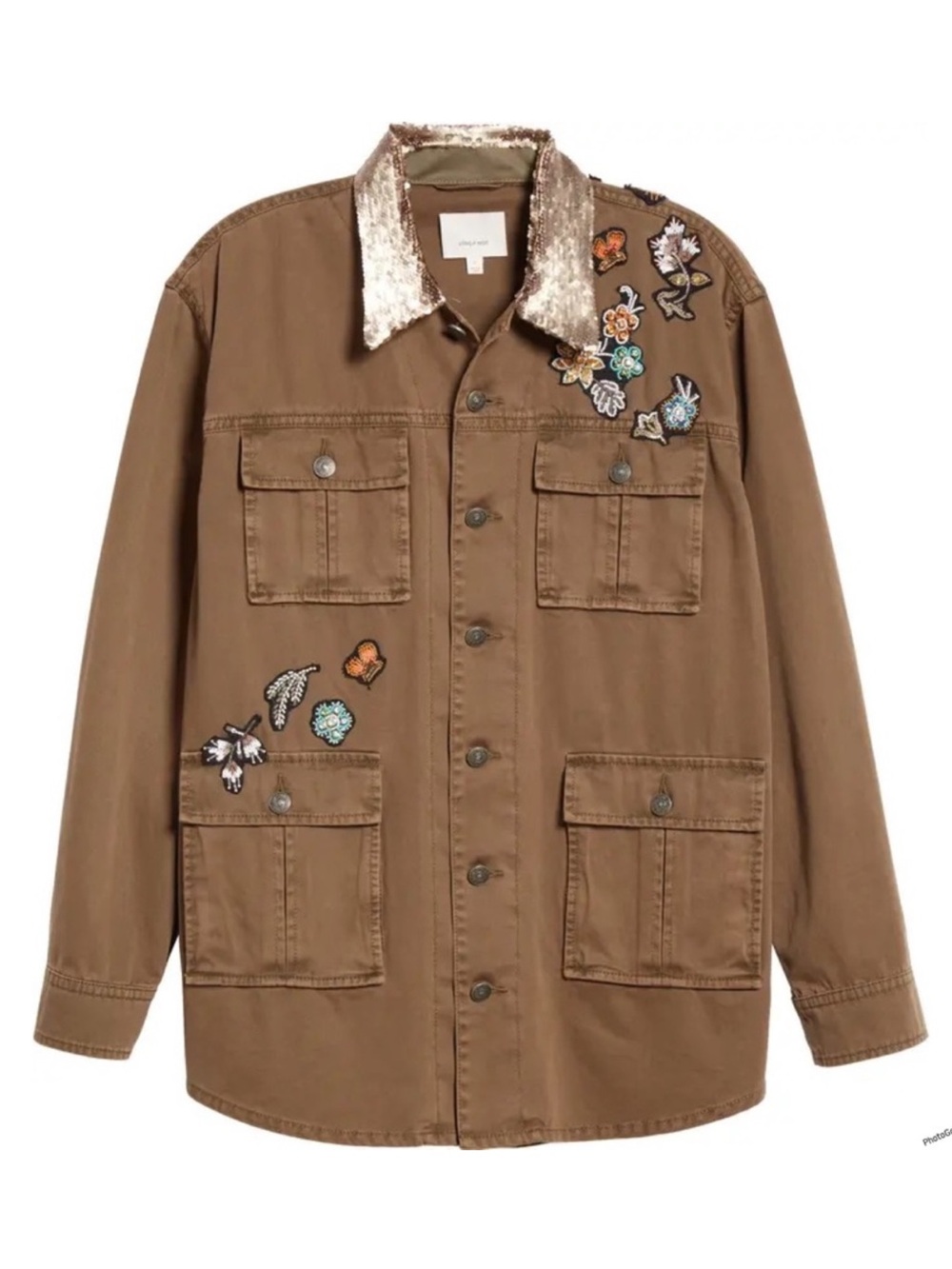 CINQ A SEPT Canyon Sequin Collar Beaded Patch Utility Cargo Jacket US XS